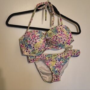 Victoria's Secret Bright Abstract Floral Print Bikini 34DD Top and Small Bottom